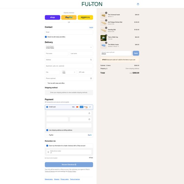 Fulton checkout page showing Fulton discount code box | Screenshot taken by SimplyCodes community member on Sep 2, 2025