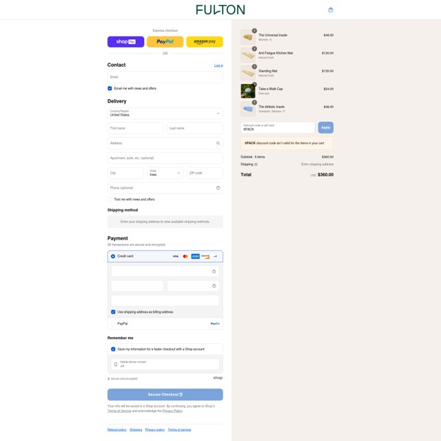 Fulton checkout page showing Fulton discount code box | Screenshot taken by SimplyCodes community member on Aug 24, 2025