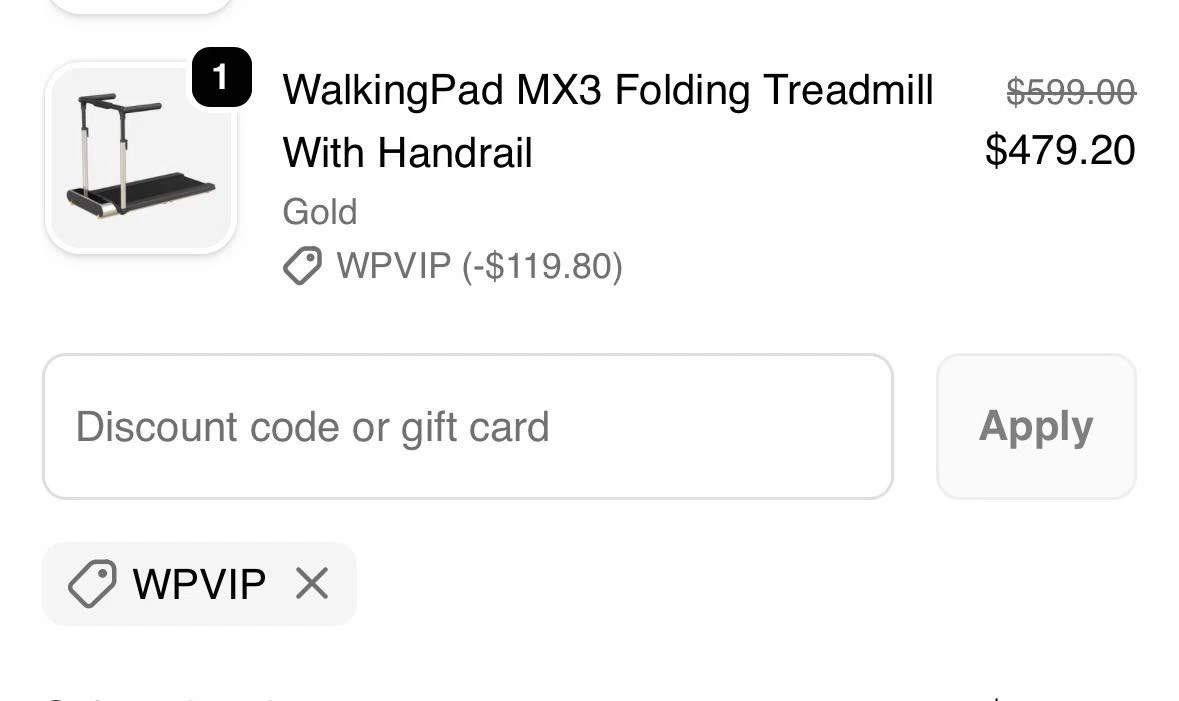 WalkingPad promo code screenshot showing code WPVIP applied at WalkingPad checkout page. Uploaded by SimplyCodes community member SF1989 on Jun 15, 2026