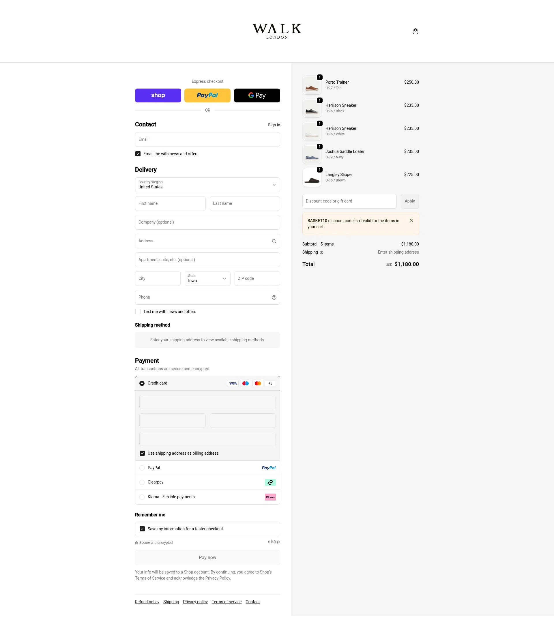 Walk London checkout page showing Walk London discount code box | Screenshot taken by SimplyCodes community member on Jan 1, 2026