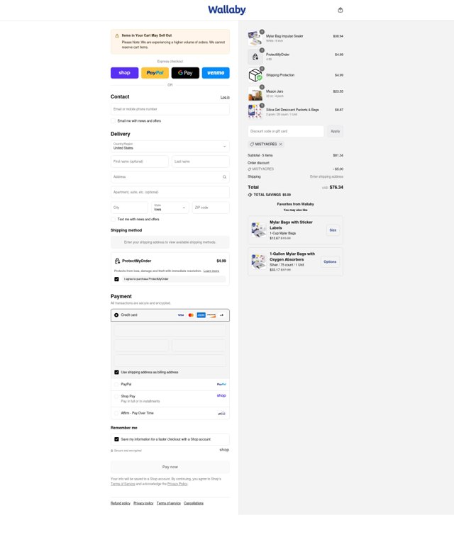 Wallaby Goods checkout page showing Wallaby Goods discount code box | Screenshot taken by SimplyCodes community member on Sep 5, 2025