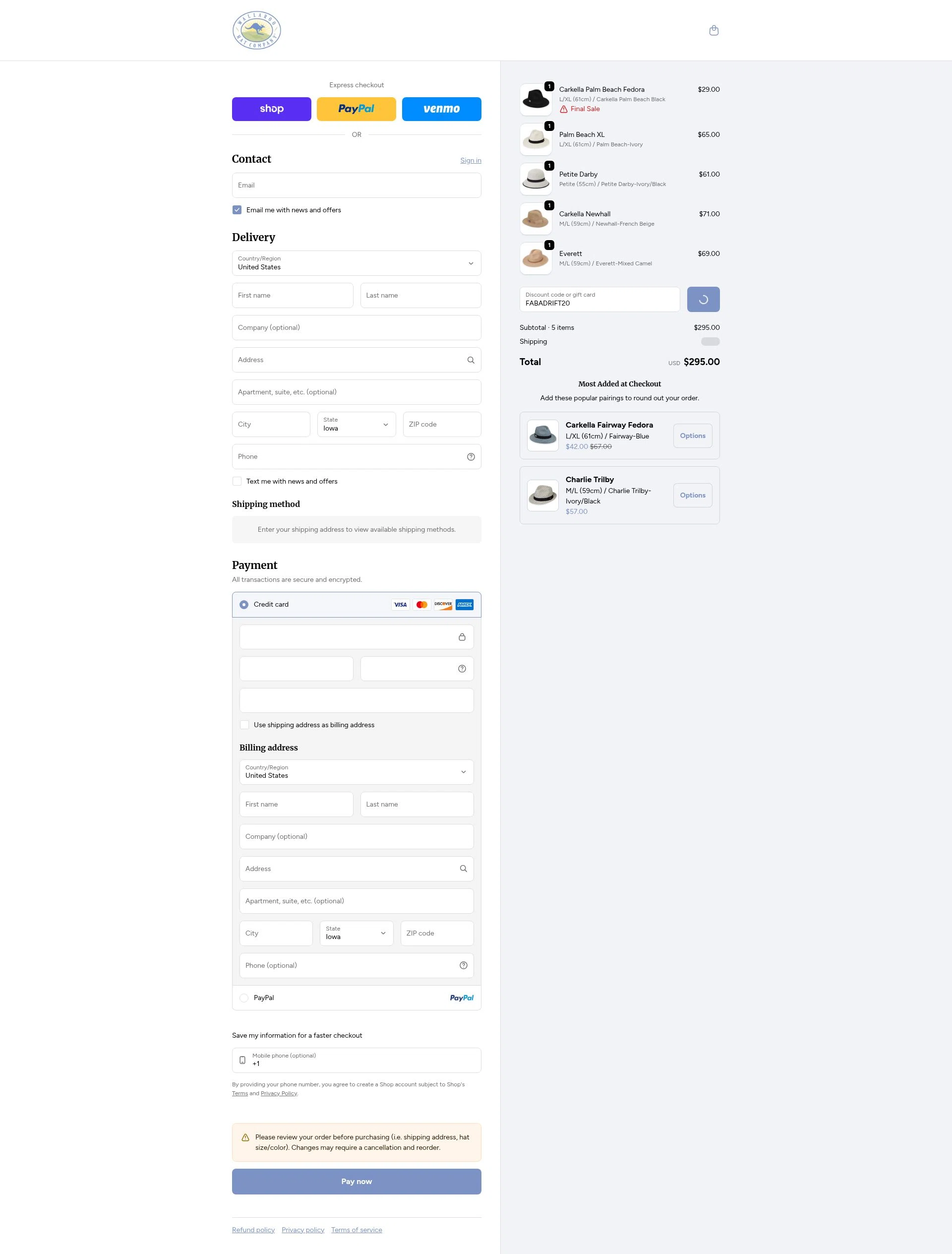 Wallaroo Hat checkout page showing Wallaroo Hat promo code box | Screenshot taken by SimplyCodes community member on Feb 21, 2026