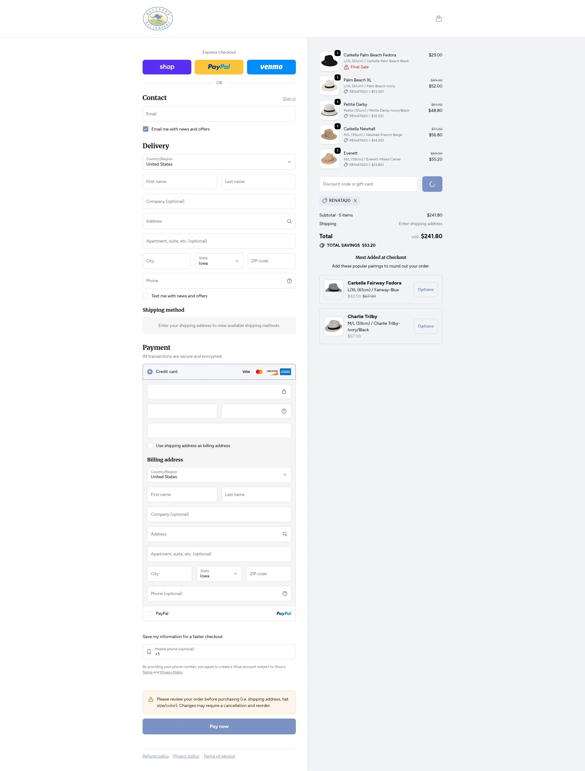 Wallaroo Hat checkout page showing Wallaroo Hat promo code box | Screenshot taken by SimplyCodes community member on Feb 21, 2026