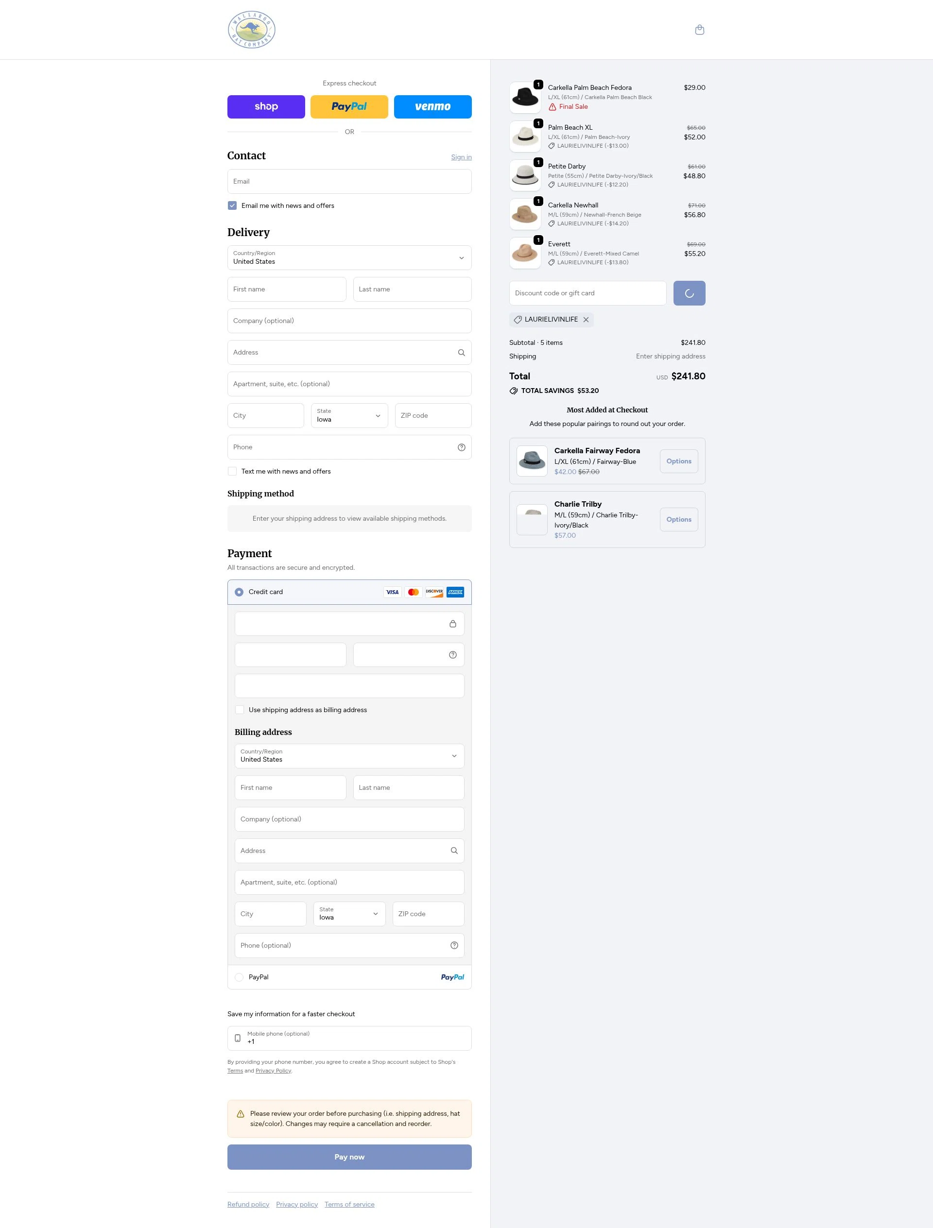 Wallaroo Hat checkout page showing Wallaroo Hat promo code box | Screenshot taken by SimplyCodes community member on Feb 21, 2026