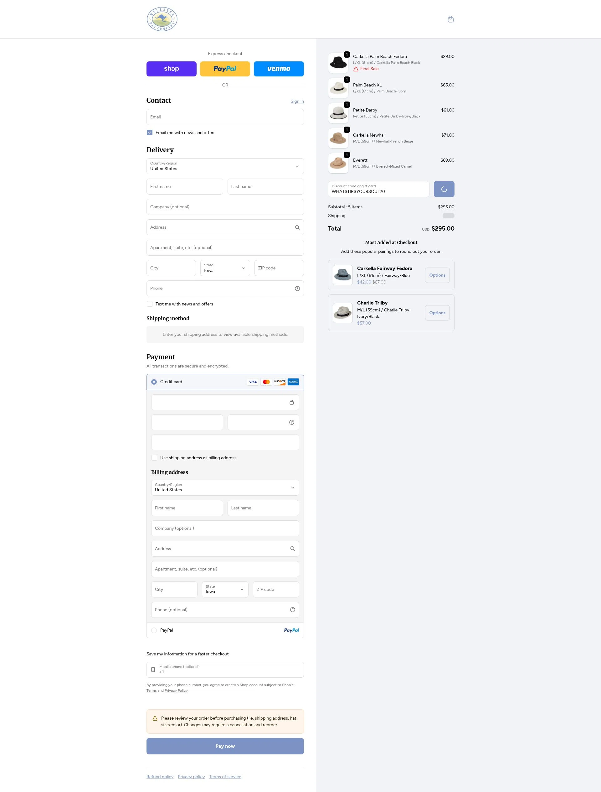 Wallaroo Hat checkout page showing Wallaroo Hat promo code box | Screenshot taken by SimplyCodes community member on Feb 21, 2026