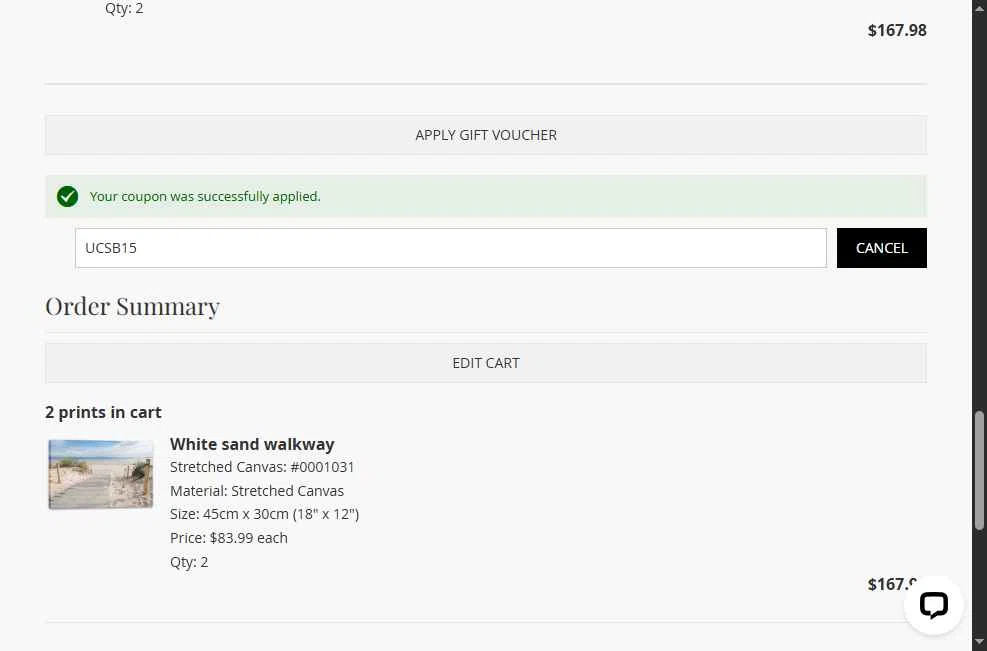 Wall Art Prints checkout page showing Wall Art Prints discount code box | Screenshot taken by SimplyCodes community member on Apr 23, 2025