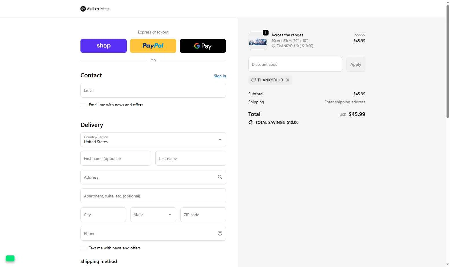 Wall Art Prints checkout page showing Wall Art Prints discount code box | Screenshot taken by SimplyCodes community member on Dec 3, 2025