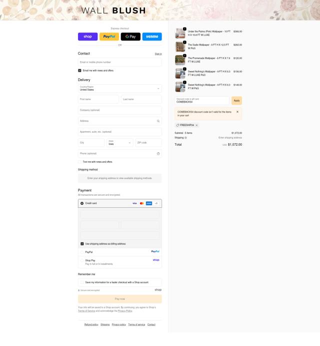 WALL BLUSH checkout page showing WALL BLUSH coupon code box | Screenshot taken by SimplyCodes community member on Oct 2, 2025