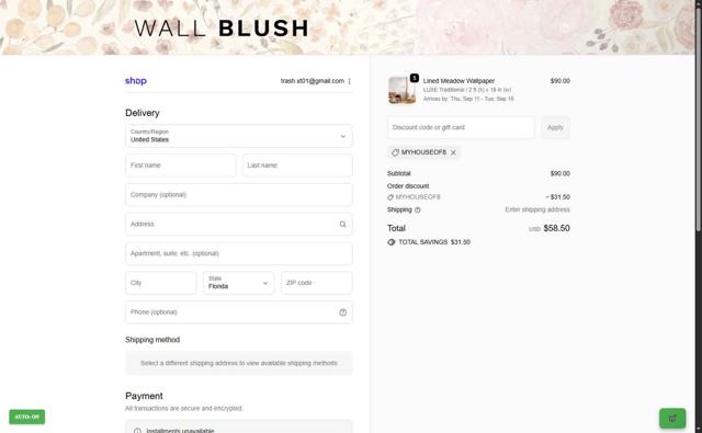 WALL BLUSH checkout page showing WALL BLUSH coupon code box | Screenshot taken by SimplyCodes community member on Oct 6, 2025