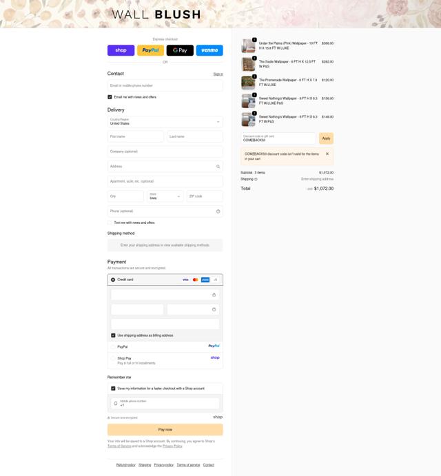WALL BLUSH checkout page showing WALL BLUSH coupon code box | Screenshot taken by SimplyCodes community member on Oct 6, 2025
