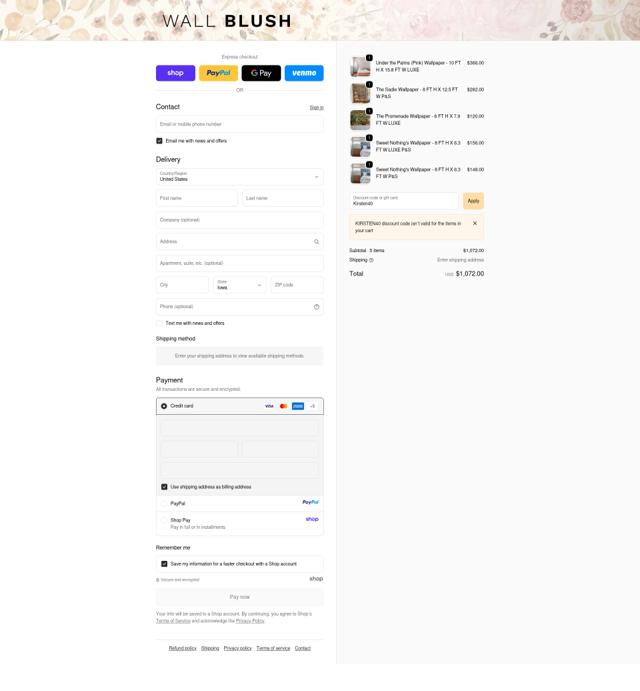 WALL BLUSH checkout page showing WALL BLUSH coupon code box | Screenshot taken by SimplyCodes community member on Oct 6, 2025