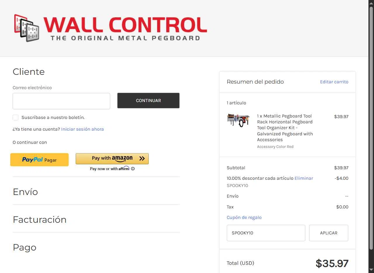 Wall Control checkout page showing Wall Control coupon code box | Screenshot taken by SimplyCodes community member on Oct 30, 2025