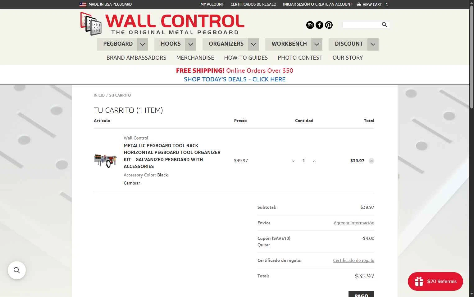 Wall Control checkout page showing Wall Control coupon code box | Screenshot taken by SimplyCodes community member on Dec 10, 2025
