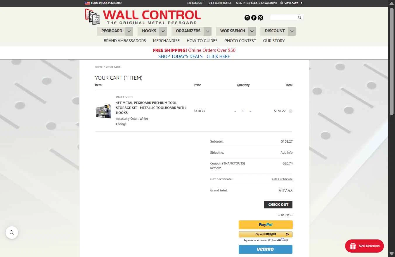 Wall Control checkout page showing Wall Control coupon code box | Screenshot taken by SimplyCodes community member on Nov 27, 2025