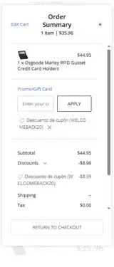 WELCOMEBACK20 coupon verification screenshot