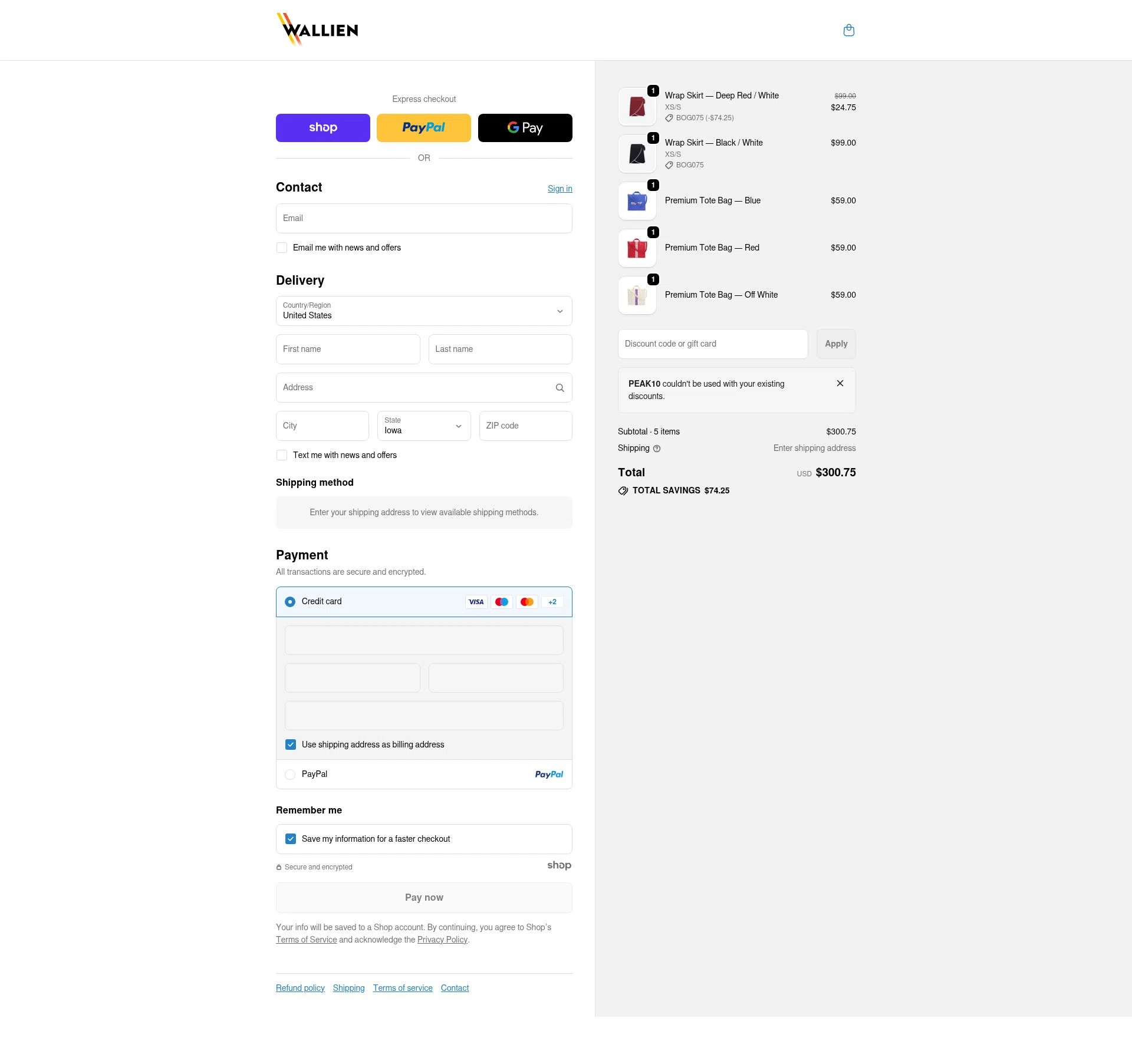 WALLIEN checkout page showing WALLIEN promo code box | Screenshot taken by SimplyCodes community member on Dec 21, 2025