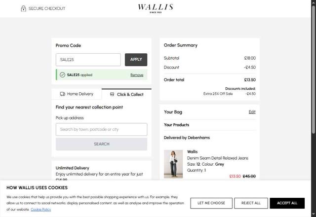 Wallis checkout page showing Wallis promo code box | Screenshot taken by SimplyCodes community member on Aug 3, 2025