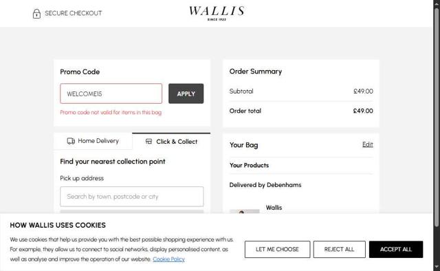 Wallis checkout page showing Wallis promo code box | Screenshot taken by SimplyCodes community member on Jul 22, 2025