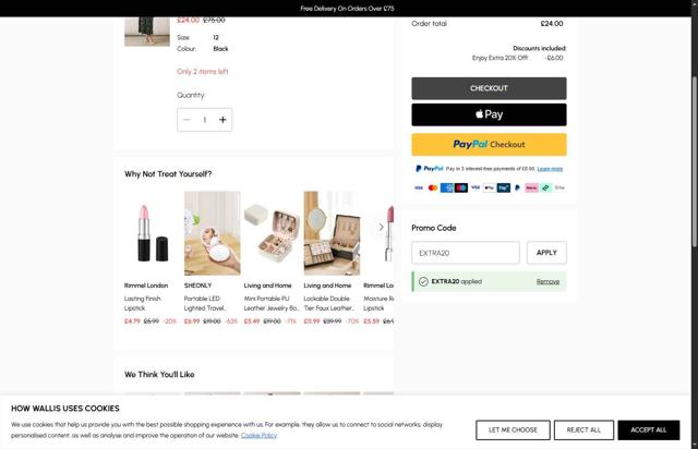 Wallis checkout page showing Wallis promo code box | Screenshot taken by SimplyCodes community member on Aug 28, 2025
