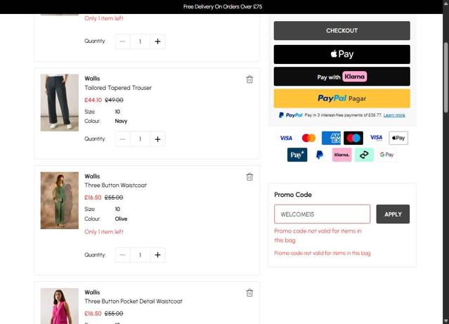 Wallis checkout page showing Wallis promo code box | Screenshot taken by SimplyCodes community member on Jul 22, 2025