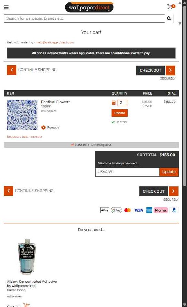Wallpaper Direct US checkout page showing Wallpaper Direct US promo code box | Screenshot taken by SimplyCodes community member on Aug 16, 2025