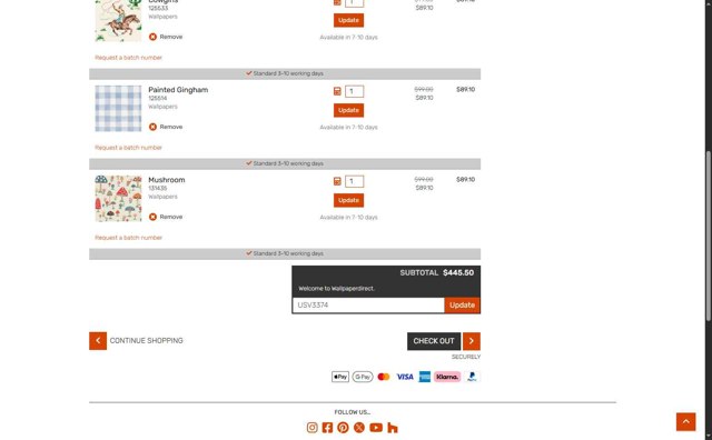 Wallpaper Direct US checkout page showing Wallpaper Direct US promo code box | Screenshot taken by SimplyCodes community member on Jun 13, 2025