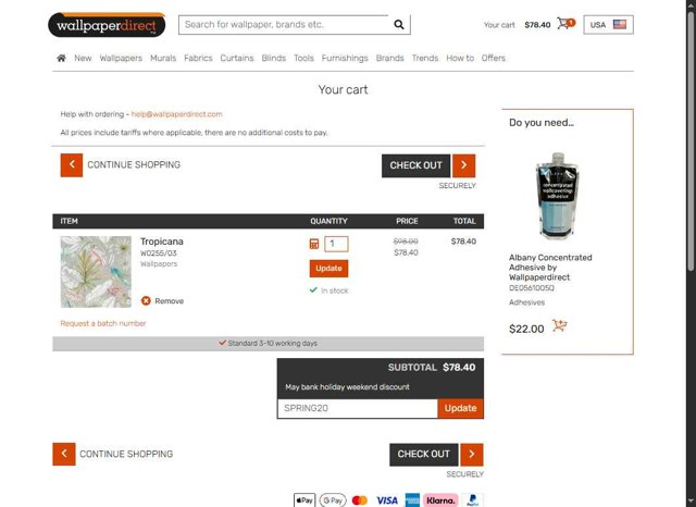 Wallpaper Direct US checkout page showing Wallpaper Direct US promo code box | Screenshot taken by SimplyCodes community member on Apr 30, 2025