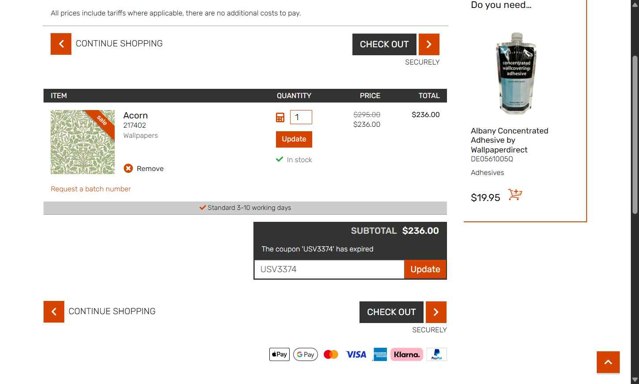 Wallpaper Direct US checkout page showing Wallpaper Direct US promo code box | Screenshot taken by SimplyCodes community member on Jul 4, 2025