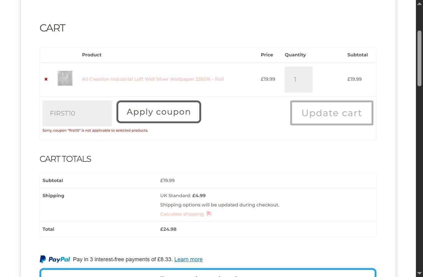 Wallpaper Sales checkout page showing Wallpaper Sales promo code box | Screenshot taken by SimplyCodes community member on Sep 1, 2025