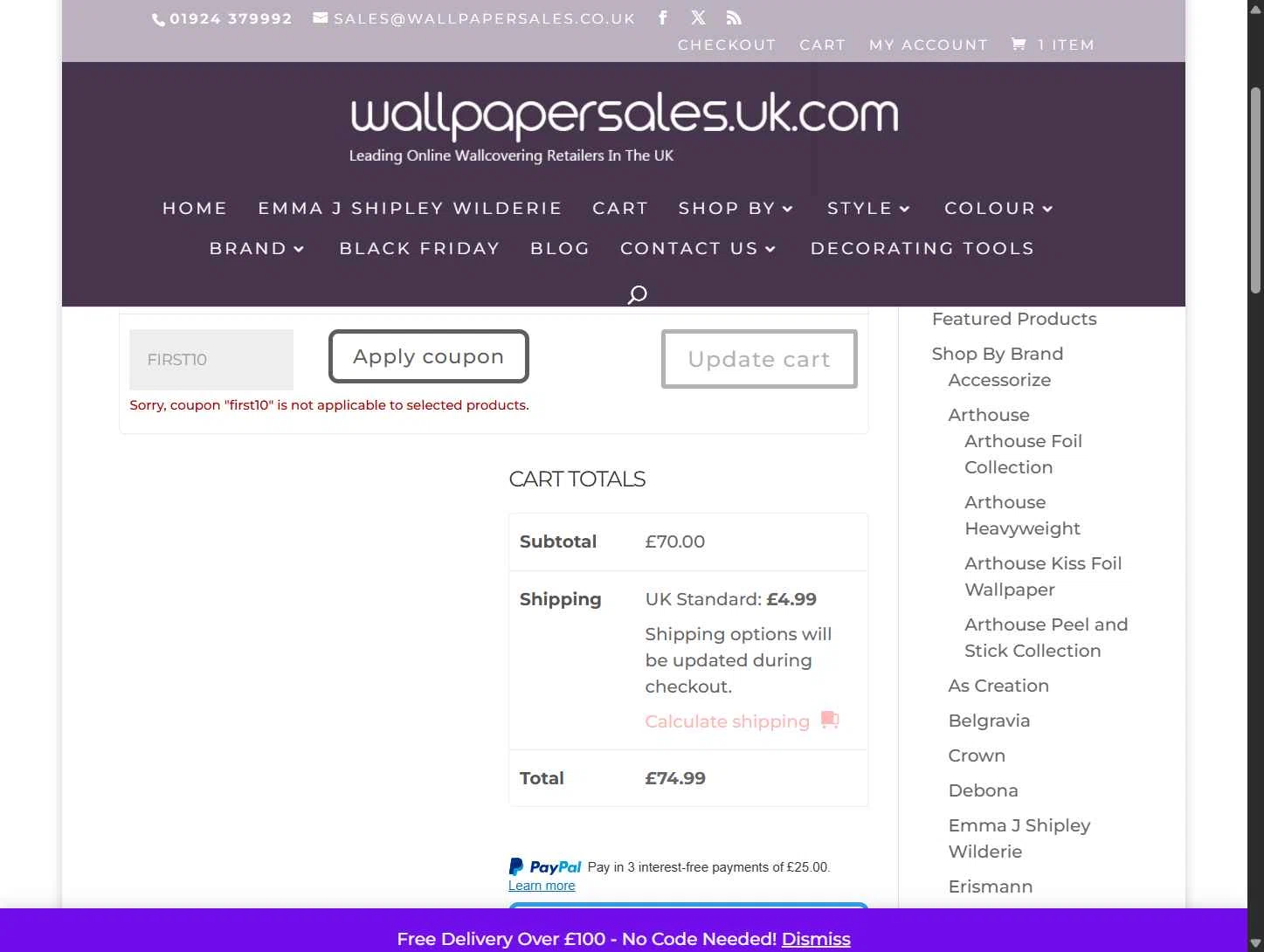 Wallpaper Sales checkout page showing Wallpaper Sales promo code box | Screenshot taken by SimplyCodes community member on Sep 12, 2025