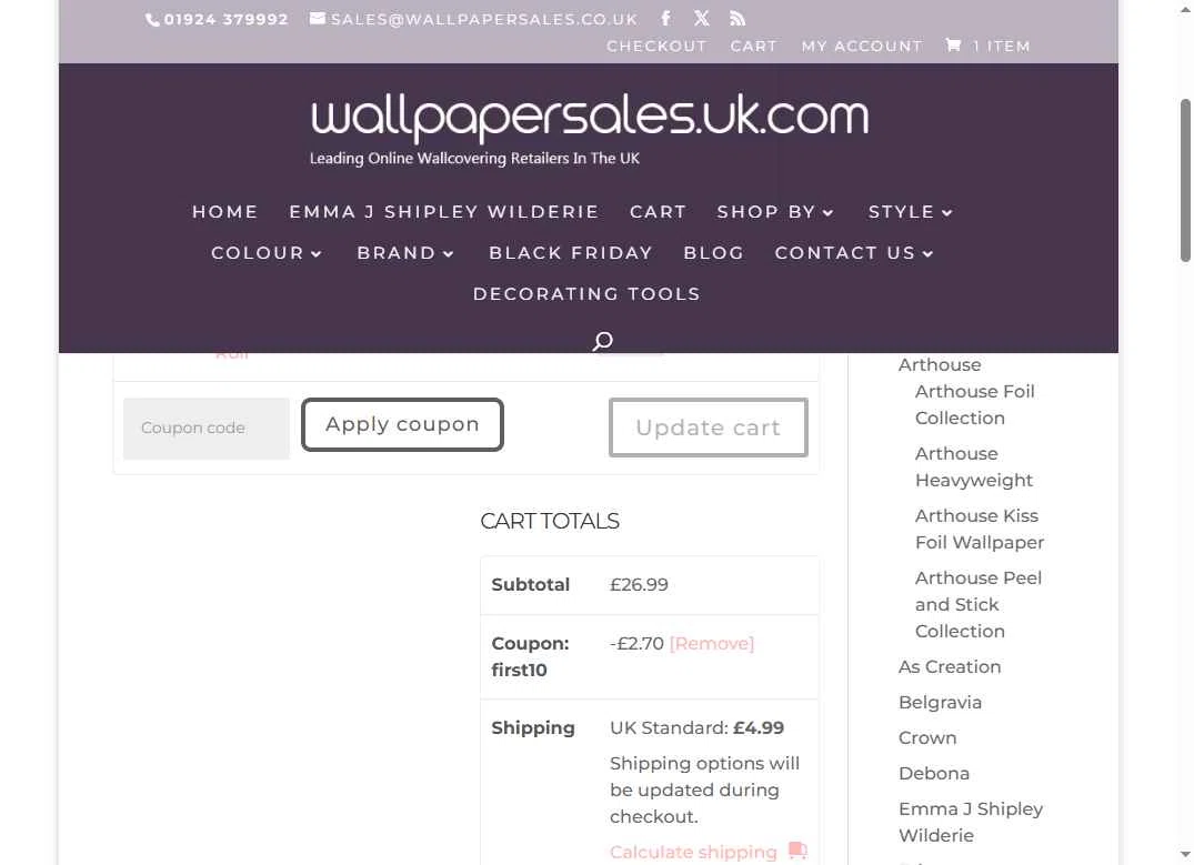 Wallpaper Sales checkout page showing Wallpaper Sales promo code box | Screenshot taken by SimplyCodes community member on Sep 8, 2025