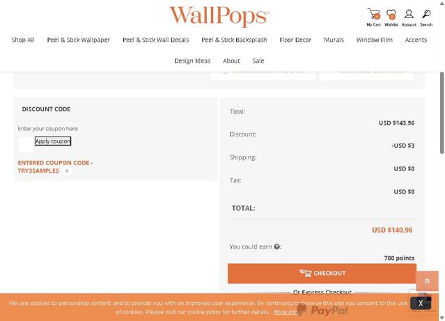 Wall Pops checkout page showing Wall Pops promo code box | Screenshot taken by SimplyCodes community member on Jul 16, 2025