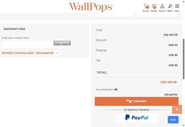 Wall Pops checkout page showing Wall Pops promo code box | Screenshot taken by SimplyCodes community member on Jul 16, 2025
