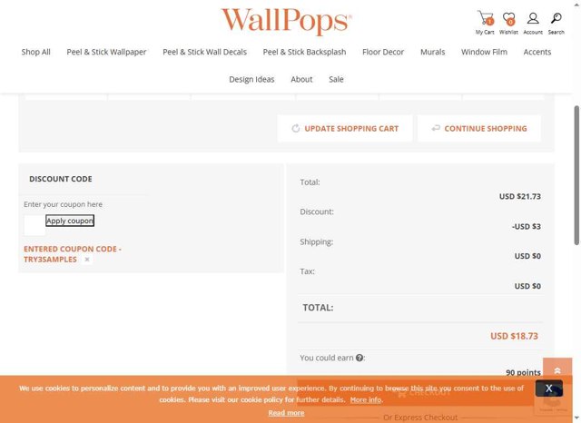 Wall Pops checkout page showing Wall Pops promo code box | Screenshot taken by SimplyCodes community member on Jul 16, 2025