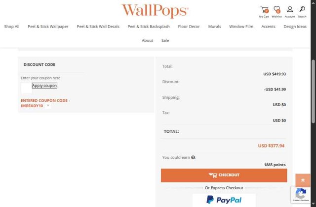 Wall Pops checkout page showing Wall Pops promo code box | Screenshot taken by SimplyCodes community member on Aug 28, 2025