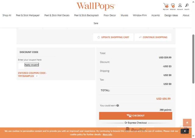 Wall Pops checkout page showing Wall Pops promo code box | Screenshot taken by SimplyCodes community member on Aug 28, 2025