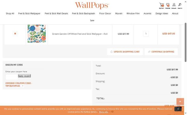 Wall Pops checkout page showing Wall Pops promo code box | Screenshot taken by SimplyCodes community member on Jul 16, 2025