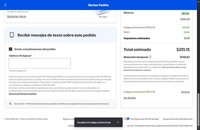 Walmart Grocery checkout page showing Walmart Grocery promo code box | Screenshot taken by SimplyCodes community member on Jul 7, 2025