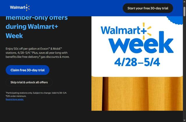Walmart Plus checkout page showing Walmart Plus promo code box | Screenshot taken by SimplyCodes community member on Apr 24, 2025