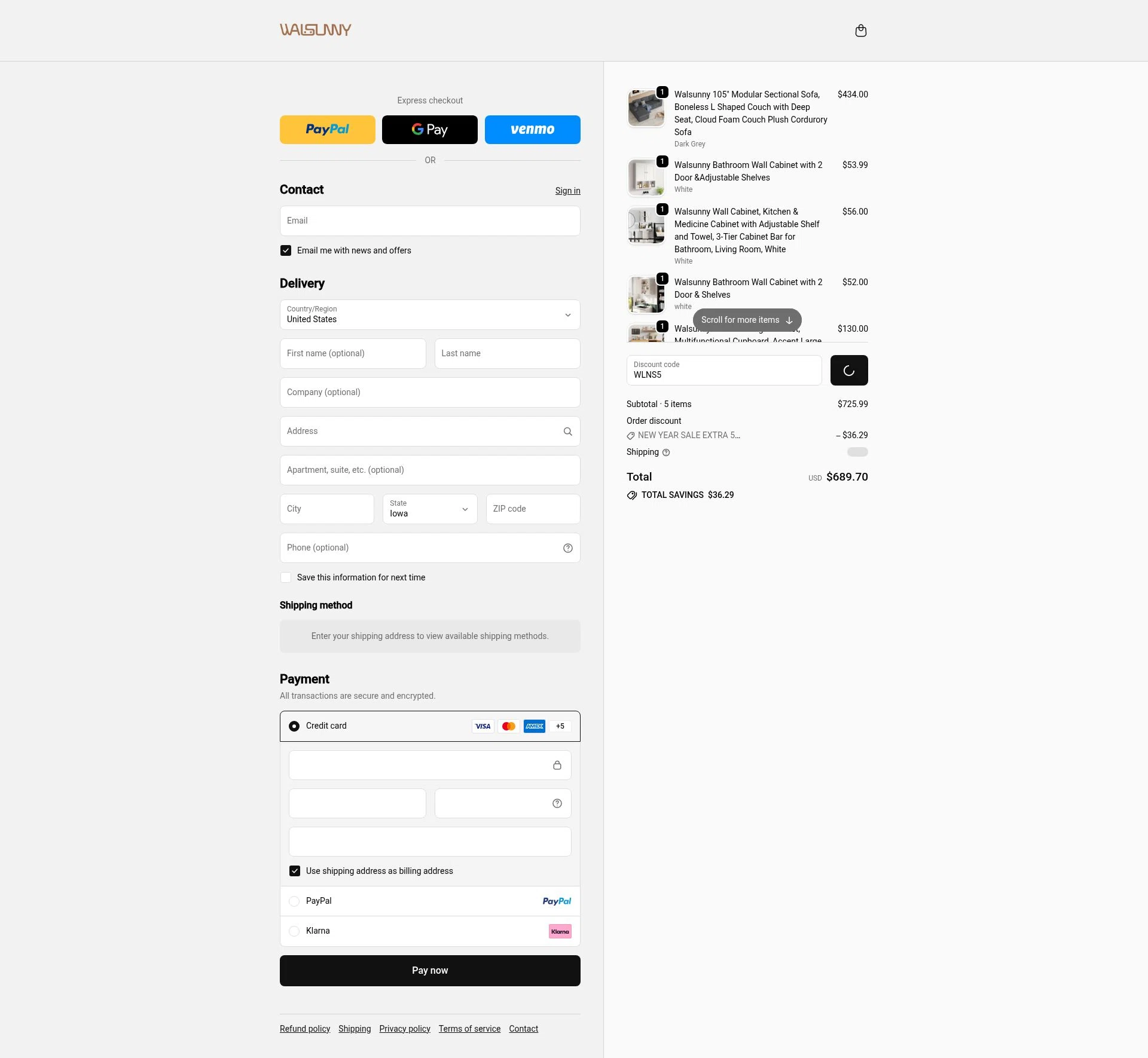 Walsunny checkout page showing Walsunny discount code box | Screenshot taken by SimplyCodes community member on Jan 3, 2026
