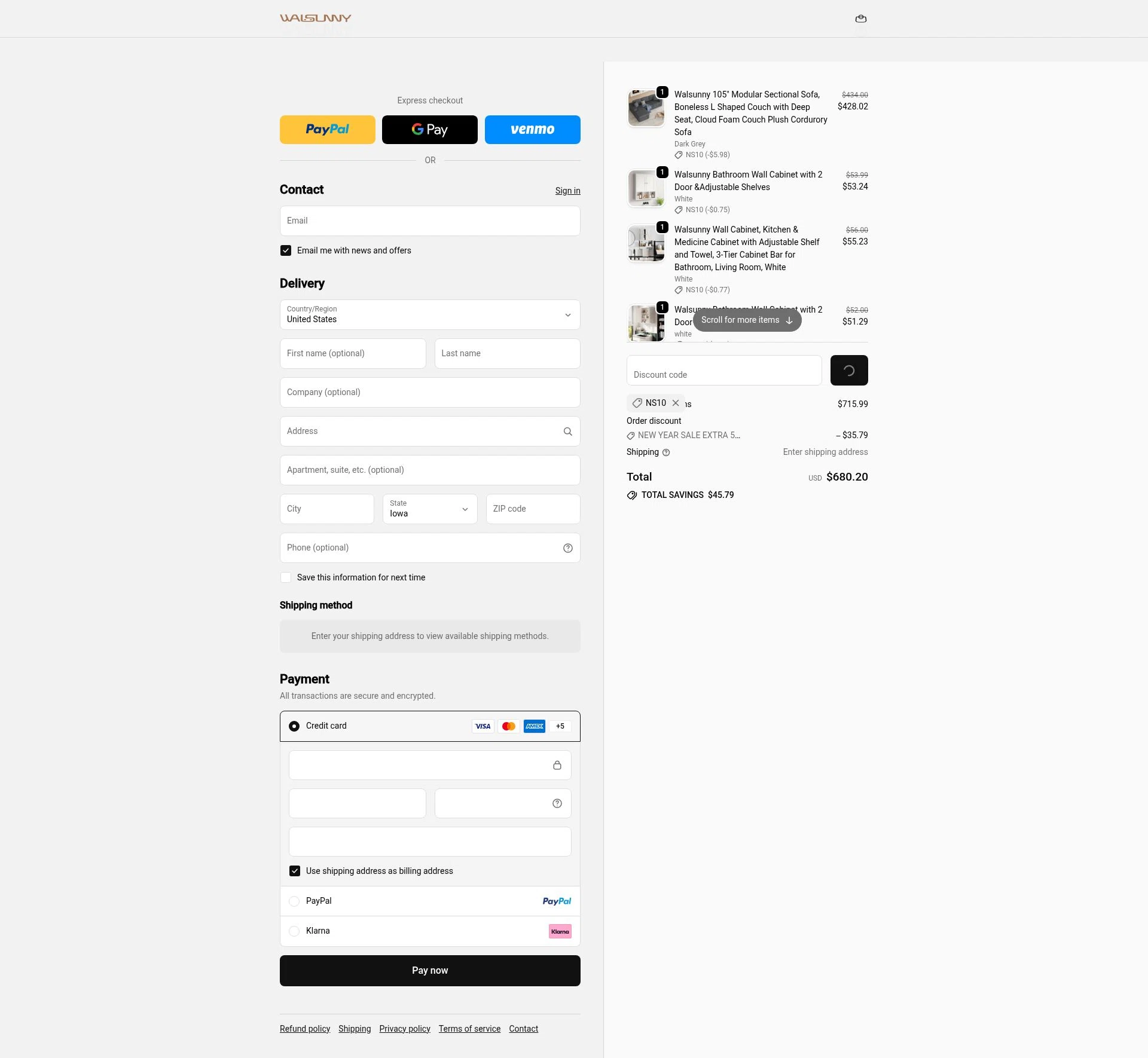Walsunny checkout page showing Walsunny discount code box | Screenshot taken by SimplyCodes community member on Jan 8, 2026