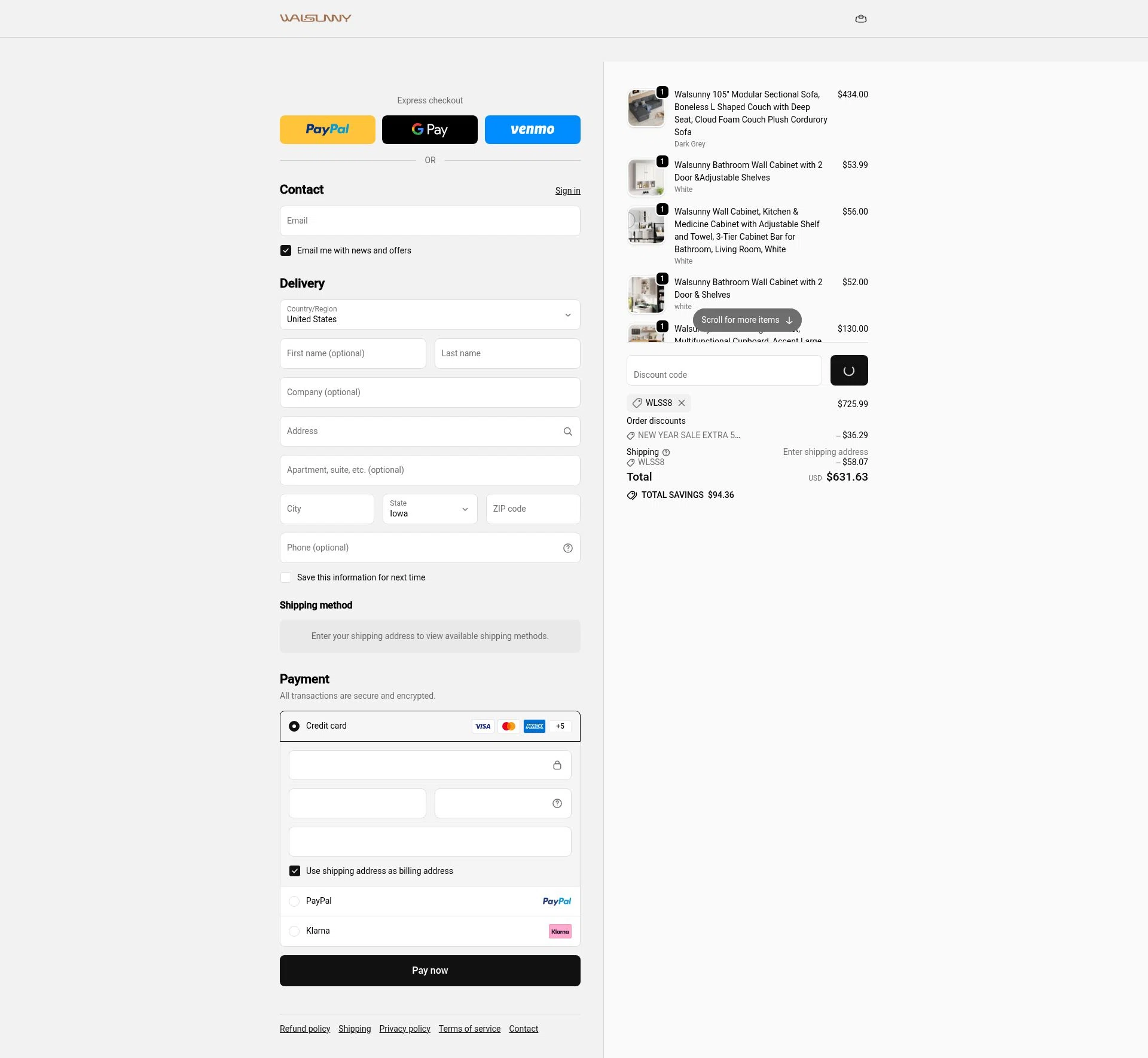 Walsunny checkout page showing Walsunny discount code box | Screenshot taken by SimplyCodes community member on Jan 8, 2026