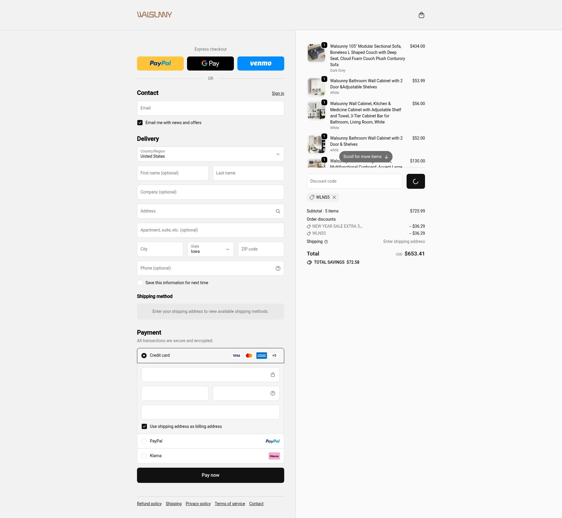Walsunny checkout page showing Walsunny discount code box | Screenshot taken by SimplyCodes community member on Jan 8, 2026