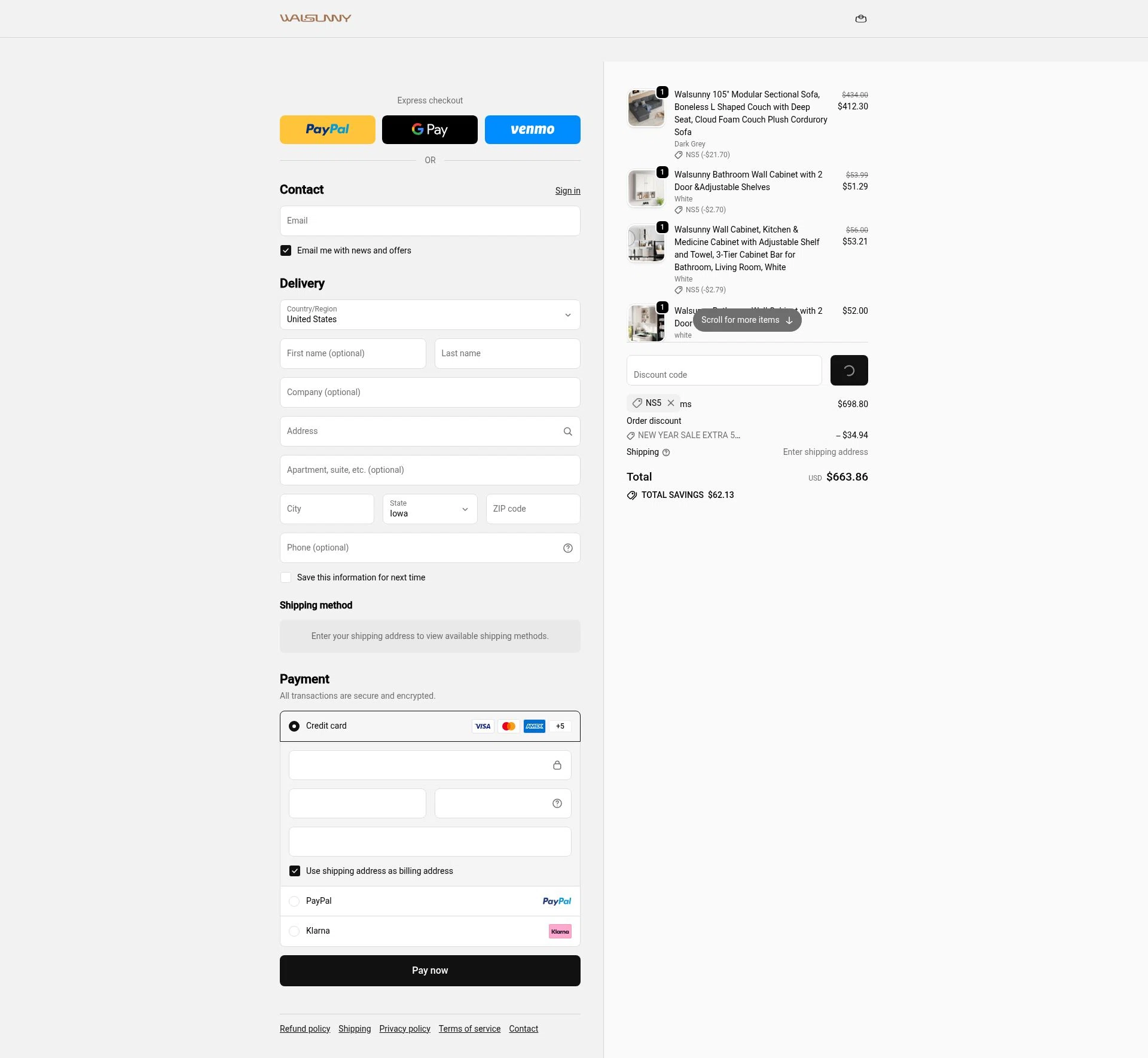 Walsunny checkout page showing Walsunny discount code box | Screenshot taken by SimplyCodes community member on Jan 8, 2026