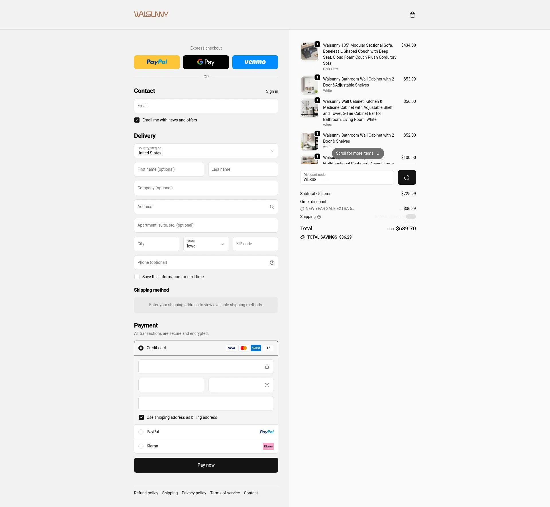 Walsunny checkout page showing Walsunny discount code box | Screenshot taken by SimplyCodes community member on Jan 3, 2026