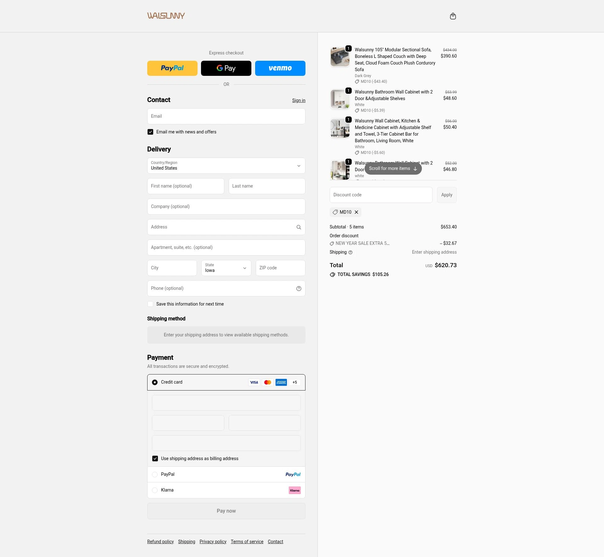 Walsunny checkout page showing Walsunny discount code box | Screenshot taken by SimplyCodes community member on Jan 8, 2026