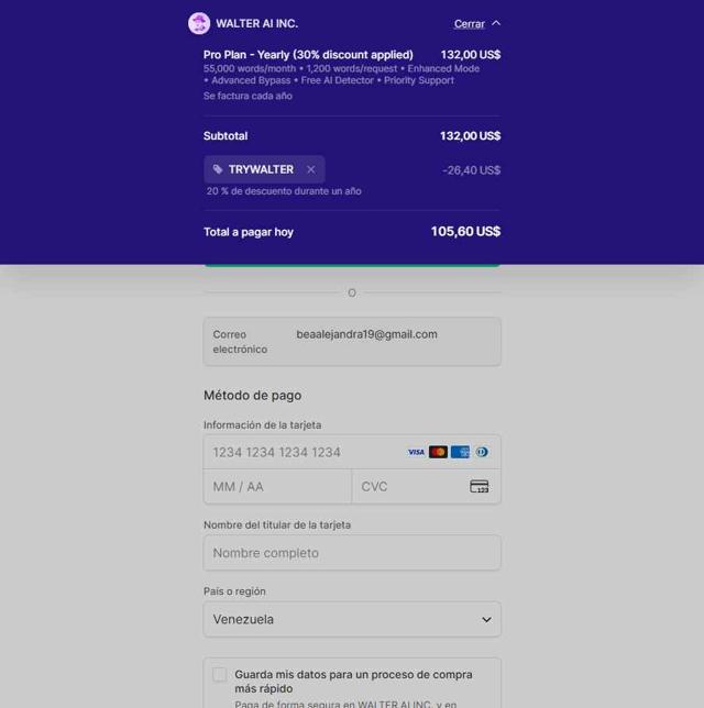 Walter AI checkout page showing Walter AI promo code box | Screenshot taken by SimplyCodes community member on Aug 25, 2025