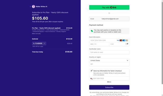 Walter AI checkout page showing Walter AI promo code box | Screenshot taken by SimplyCodes community member on Aug 6, 2025