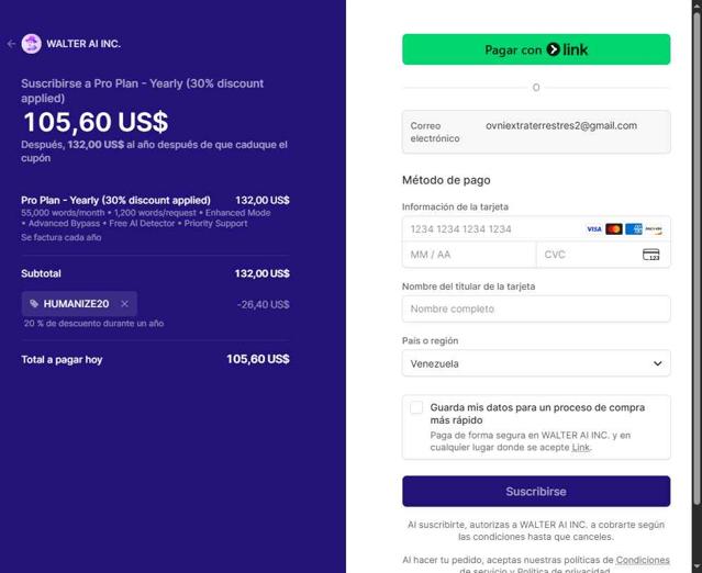 Walter AI checkout page showing Walter AI promo code box | Screenshot taken by SimplyCodes community member on Aug 25, 2025