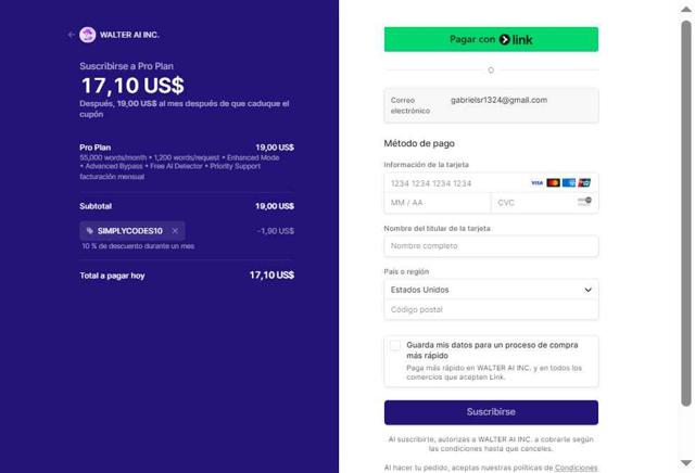 Walter AI checkout page showing Walter AI promo code box | Screenshot taken by SimplyCodes community member on Aug 18, 2025